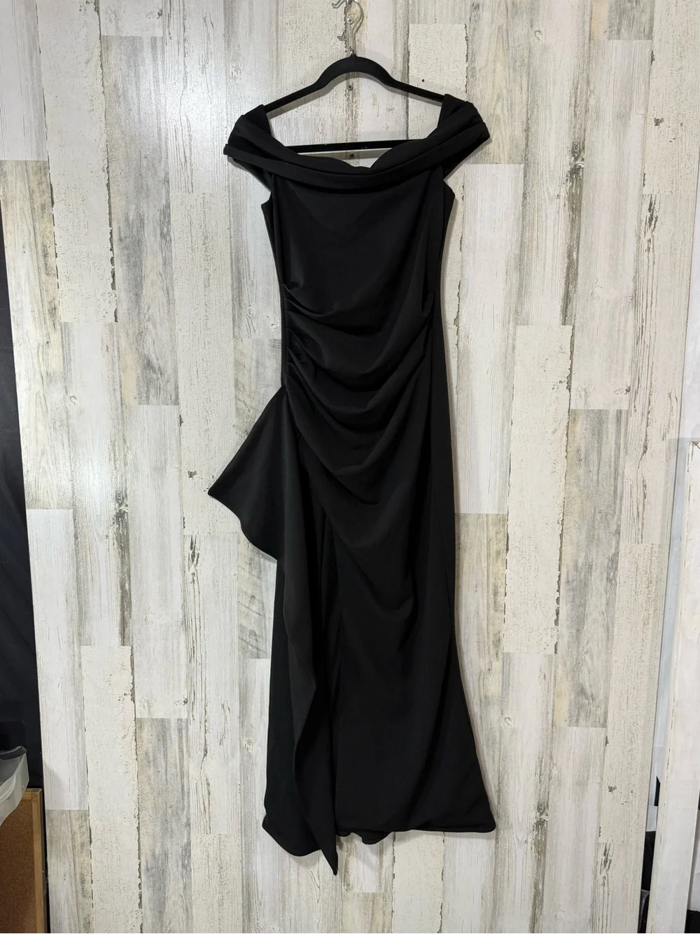Babyboo Sexy Gown One-Shoulder Black Draped Evening Dress High Front Slit